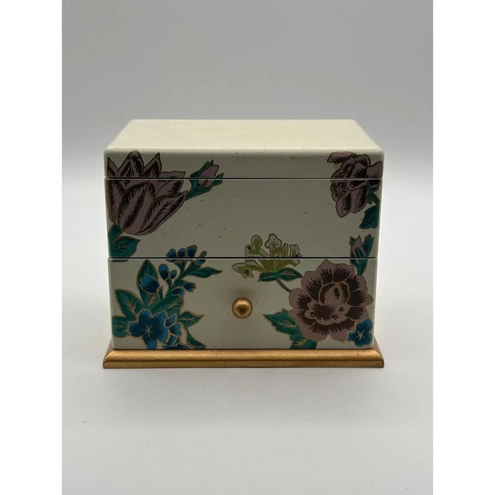 Vintage Floral Trinket Box Cream Jewelry Storage with Gold Base